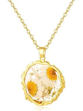 Boho Birth Flower Necklace for Women - 1-12 Month Real Pressed Floral Pendant